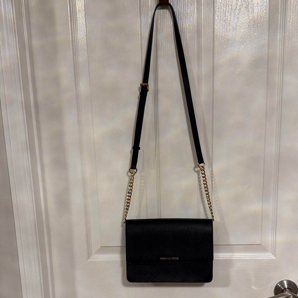 Michael Kors Black Leather Crossbody with Gold Chain Accents